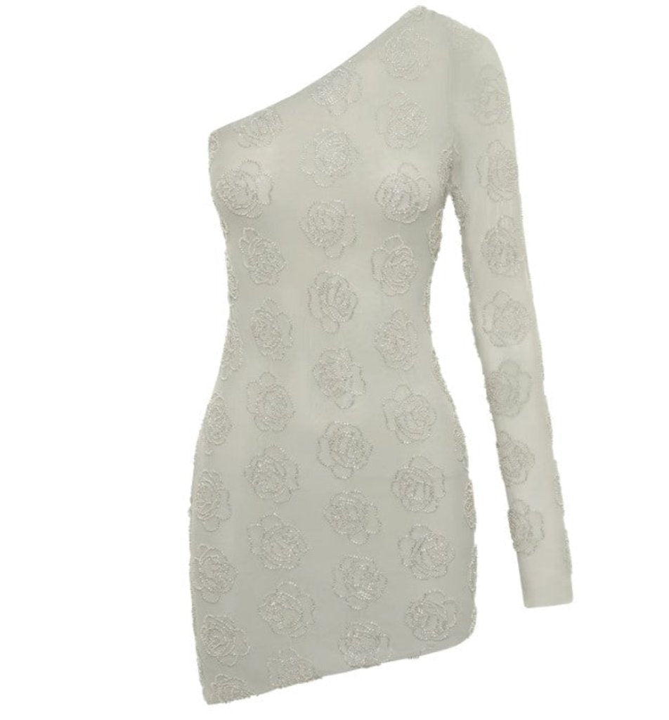 Meshki - Tinsley Rose Beaded One Shoulder Mini Dress - Size M - The Wedding Wardobe