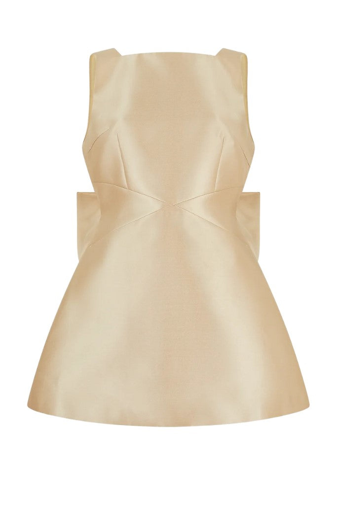 An exquisite satin party dress by The Wedding Wardrobe, the Odd Muse - The Ultimate Muse Bow Detail Mini in a size 12, features a striking A-line silhouette with symmetrical geometric panels on the bodice and elegant bow details—an ideal choice for making a grand entrance at any soirée.